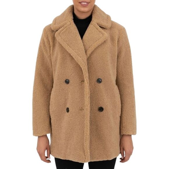 Kensie Women's Faux Fur Tan Butterscotch Teddy Double Breasted Jacket Size L - Picture 1 of 13